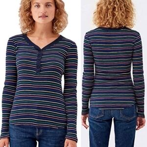 New Sundry Rainbow Striped Ribbed Henley Ribbed Long Sleeve Top NWT 0/XS